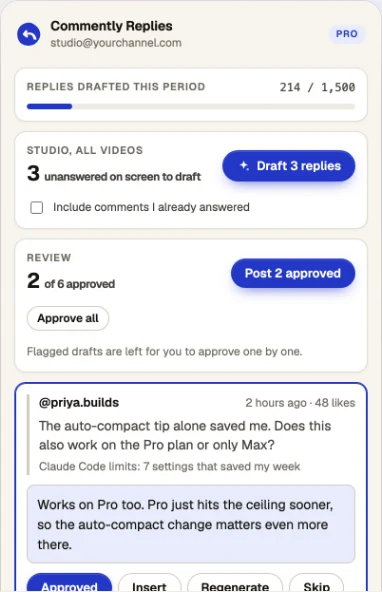 The side panel with a drafted reply under a viewer comment, and Approved, Insert, Regenerate and Skip buttons