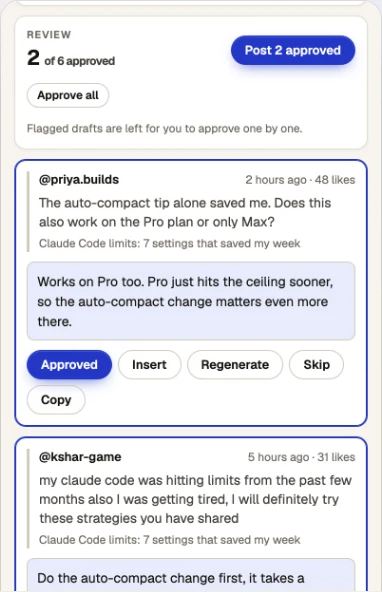 The review card in the side panel: 2 of 6 approved, Approve all, a Post 2 approved button and the drafts below